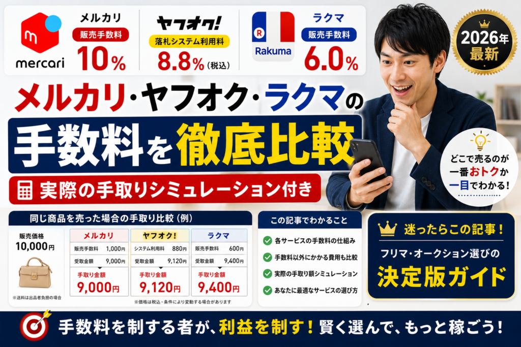 メルカリ・ヤフオク・ラクマの手数料を徹底比較【2026年最新】実際の手取りシミュレーション付き